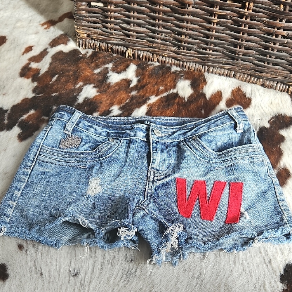 a.n.a Blue Jean Shorts with Red Wisconsin Patch